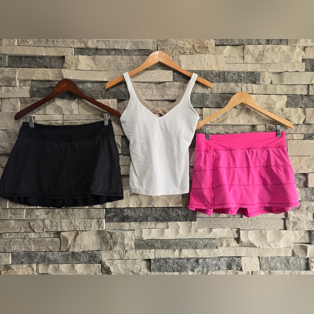 Women's Lululemon Sz 6 Black and Pink Midrise Skorts Tank PINK WHITE BLACK EUC